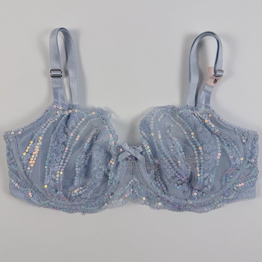 Victoria's Secret Dream Angels Lace Bra Unlined Uplift Sling Sequin Blue 34D NWT - Picture 1 of 6